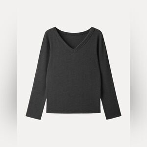 NWT OGL LiteWarm Essential V-neck Long Sleeve Top Close-fit Hem Heather Shadow